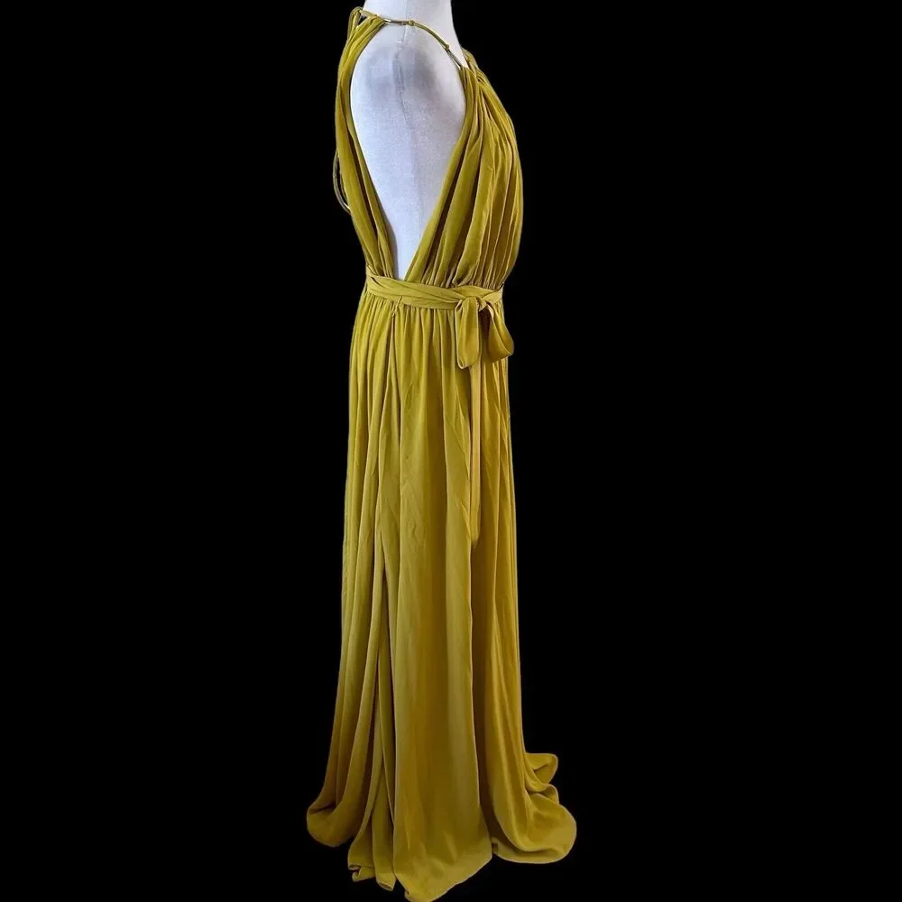 CqbyCq Flowy Deep V-Neck Maxi Dress With Tie Yellow Size Large - Picture 5 of 9
